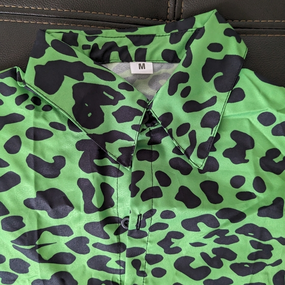 Punk green leopard print cheetah print button down dress shirt t shirt - Picture 2 of 2